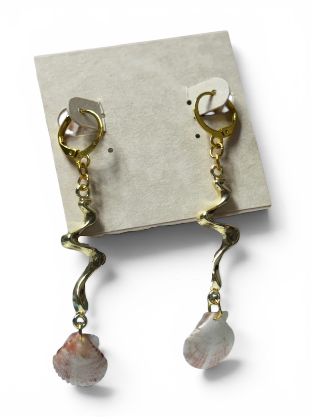Gold Wave Drop Earrings with Pink Shell Accents